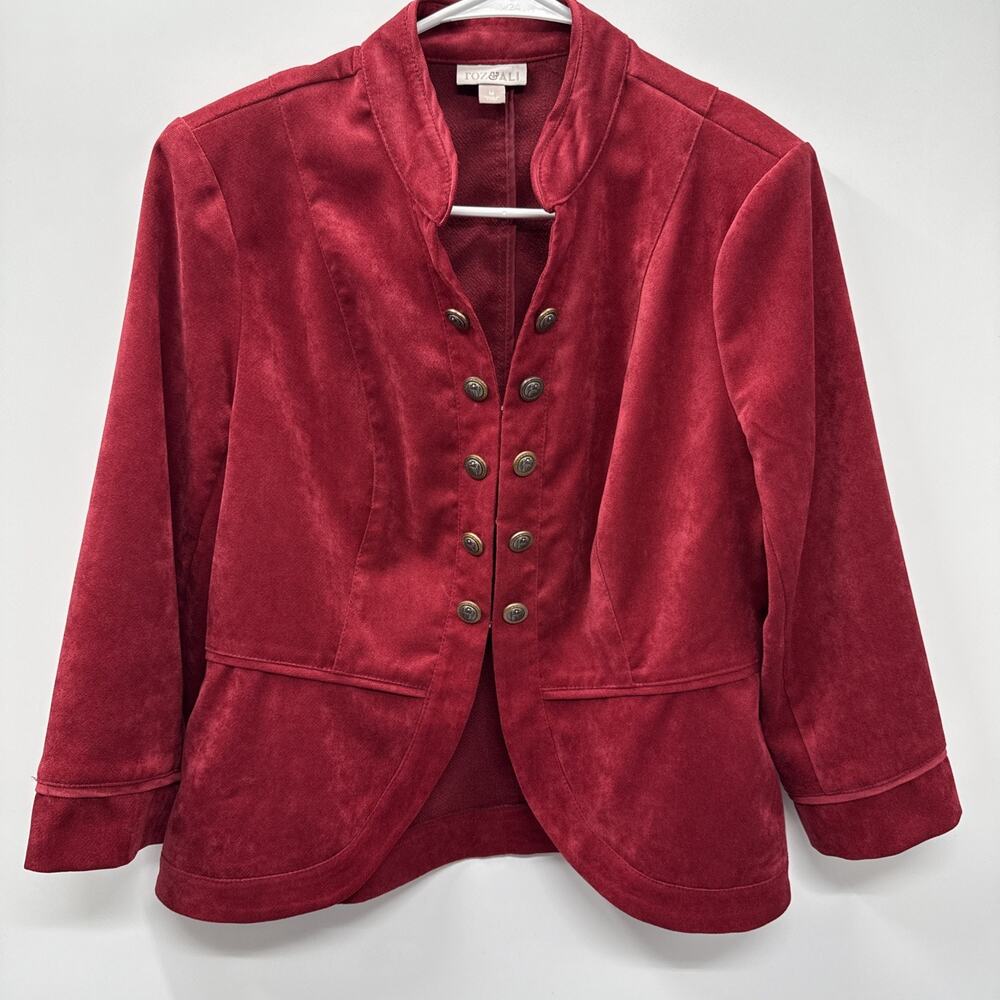 Roz & Ali Red Faux Suede Blazer Jacket Womens M Military Hook Front Lightweight